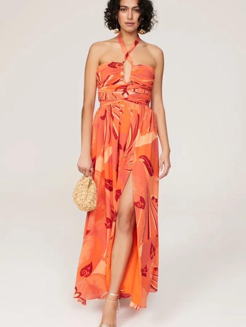 Ronny Kobo Ally Orange Floral Halter Maxi Dress Size 8